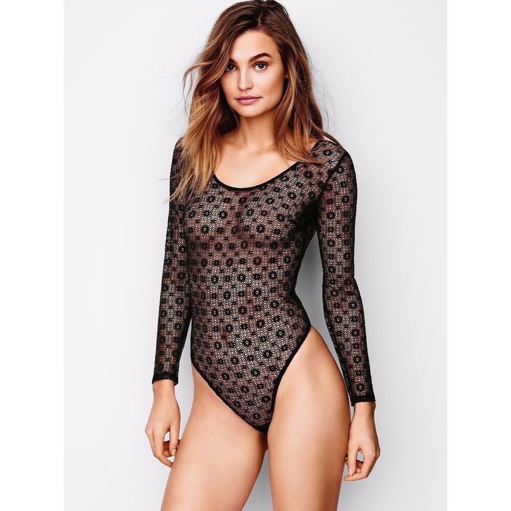 Victoria's Secret Long Sl Medallion Lace Thong Bodysuit Teddy Black XS
